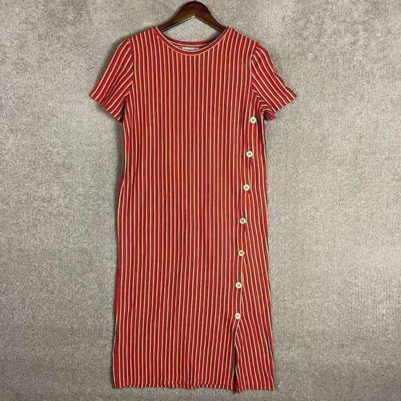 Zara Trafaluc Tee Dress Size Small Red Stripe Side Button Short Sleeve Midi Knit - Picture 2 of 10